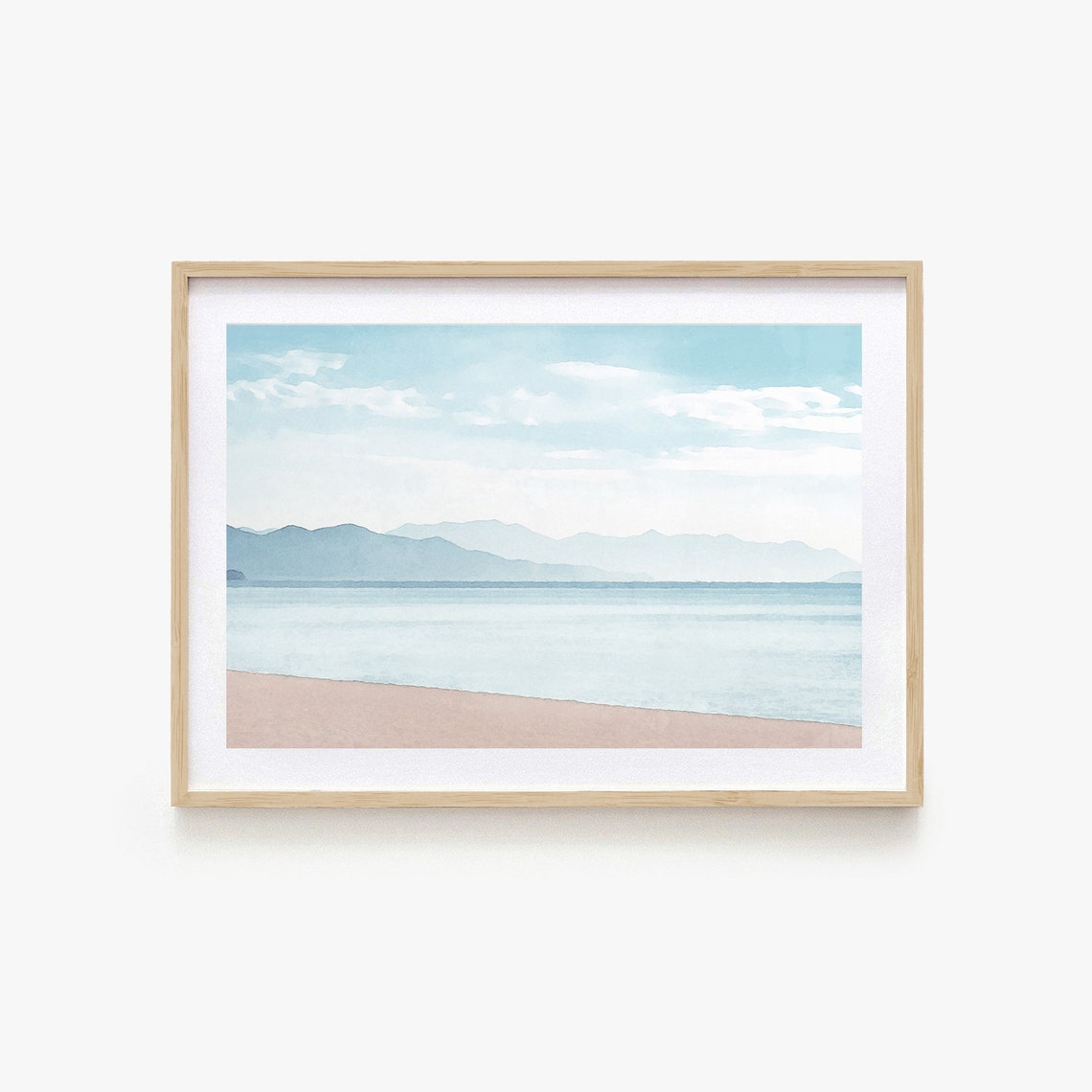 Soft Blue Watercolor Beach Waves Distant Mountains Coastal Wall Art - Image 2