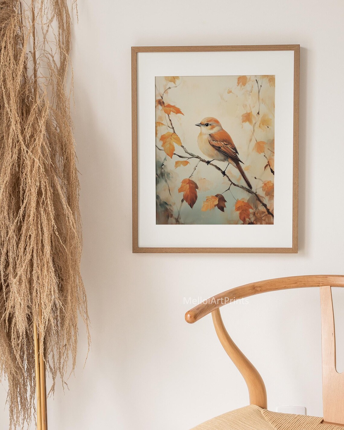 Songbird on an Autumn Branch With Falling Leaves Nature Painting Poster - Image 2