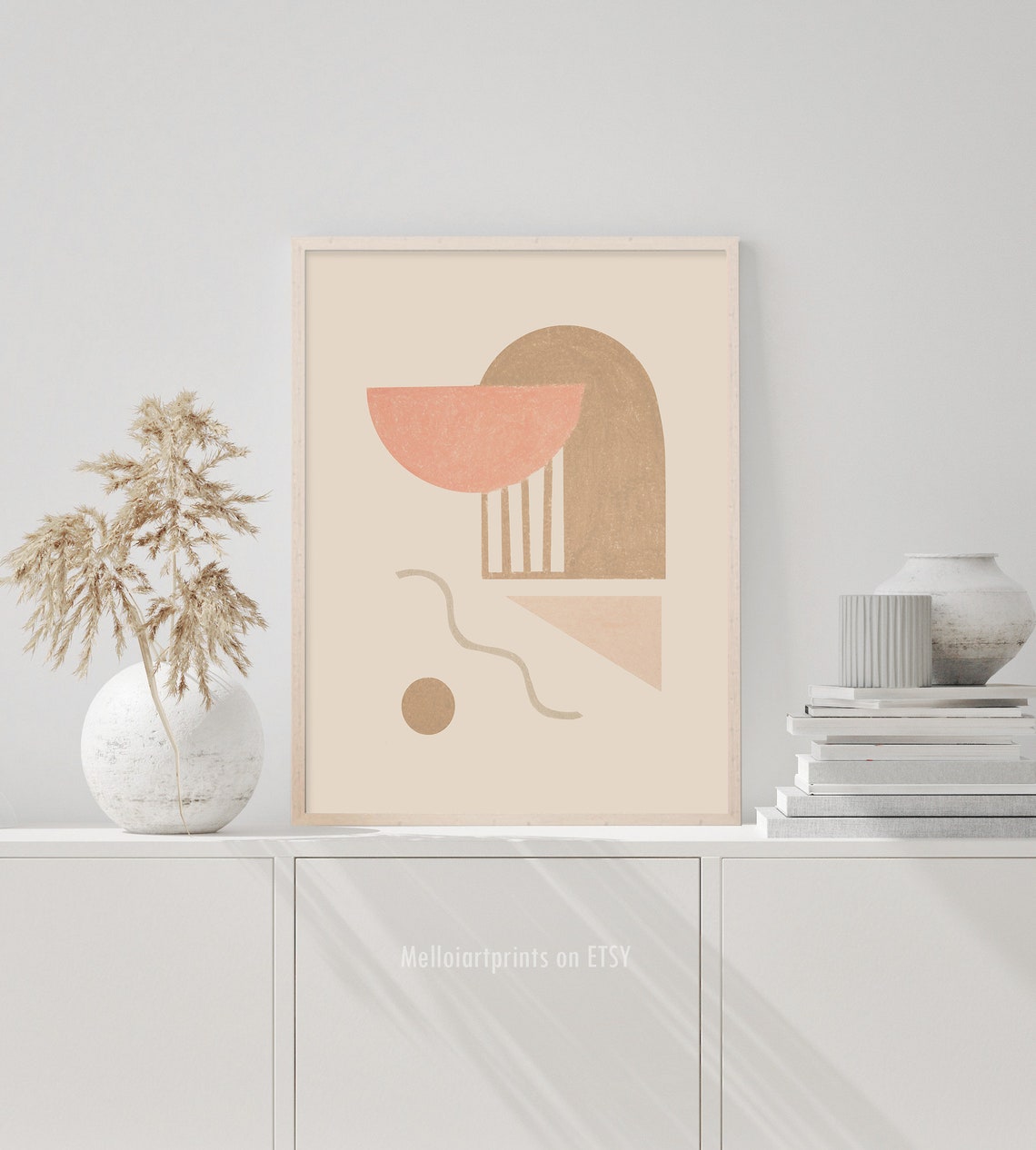 Coral Half Moon with Tan Arch and Wavy Line Playful Abstract Poster - Image 2