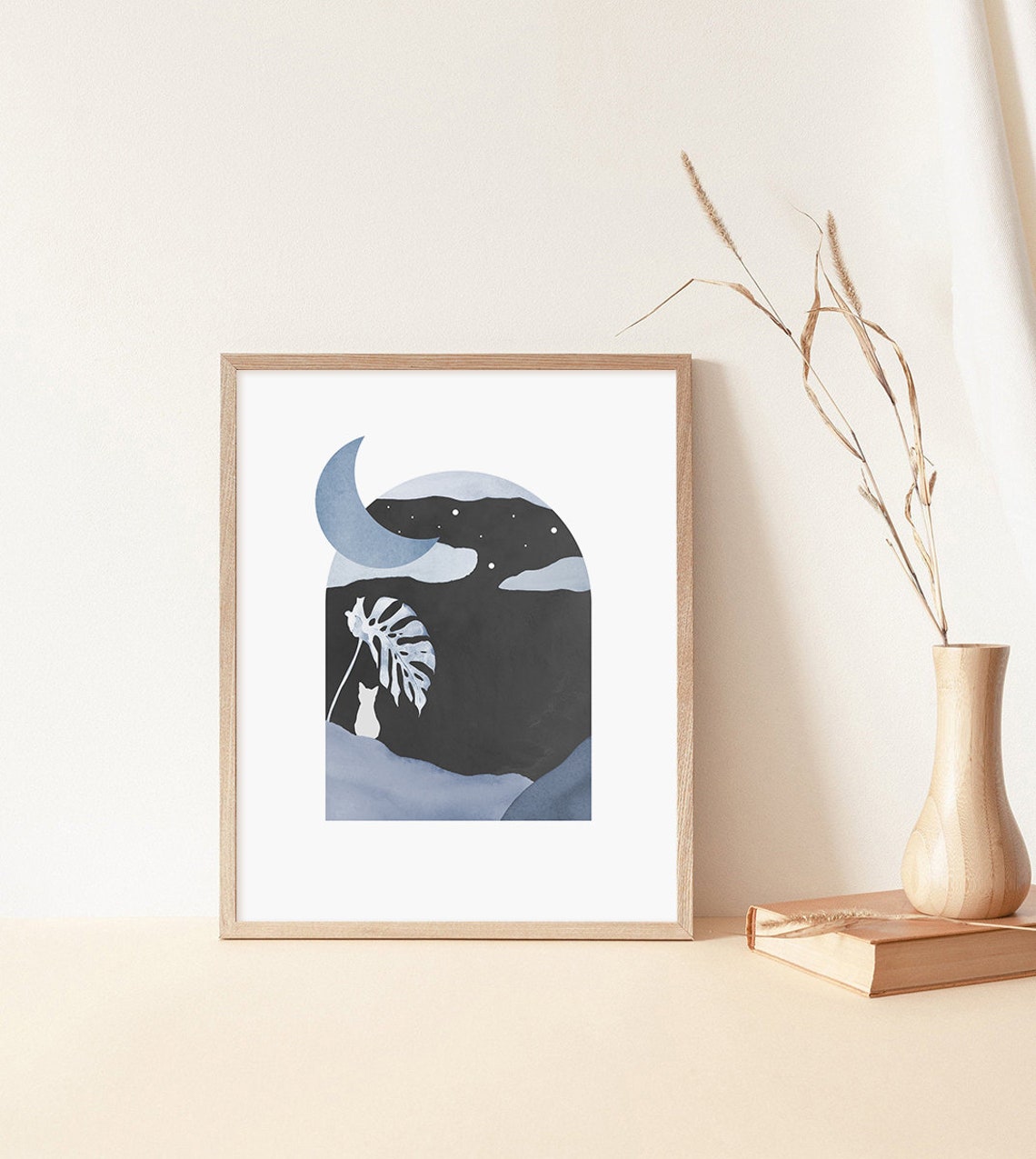 Celestial Moon and Cat Night Sky Watercolor Modern Art Poster - Image 2