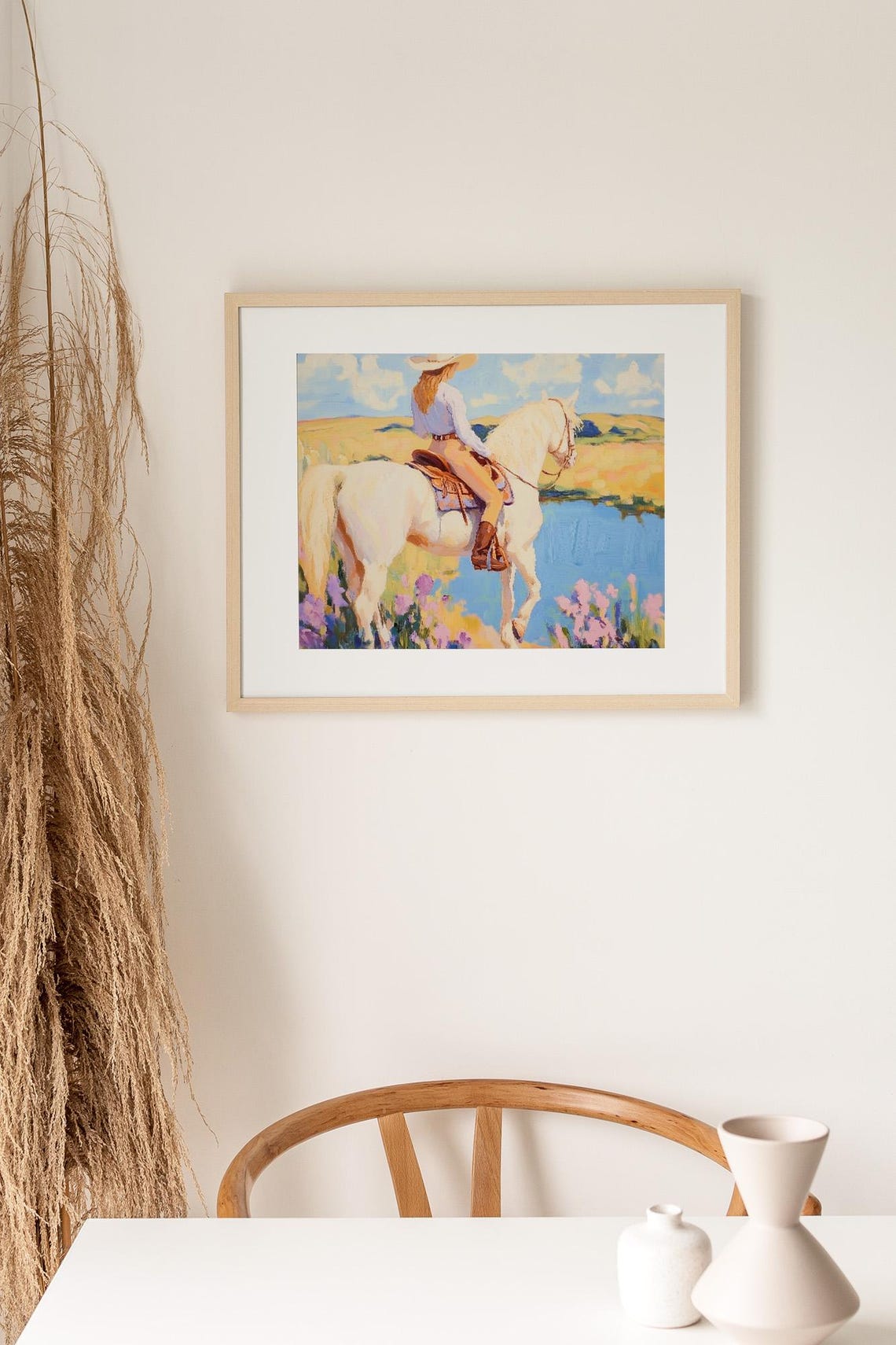 Cowgirl On White Horse Painting Western Landscape Art Print Wildflower Field Artwork Ranch Life Wall Decor Country Lake Scene - Image 3