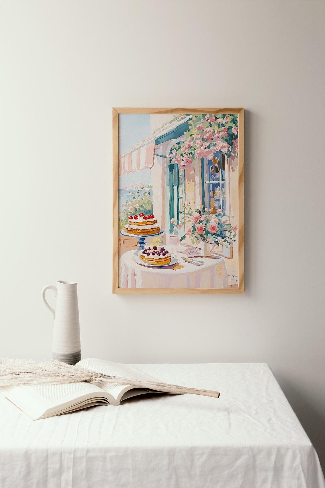 French Cafe Terrace Painting with Cakes Roses and Striped Awning Print - Image 2