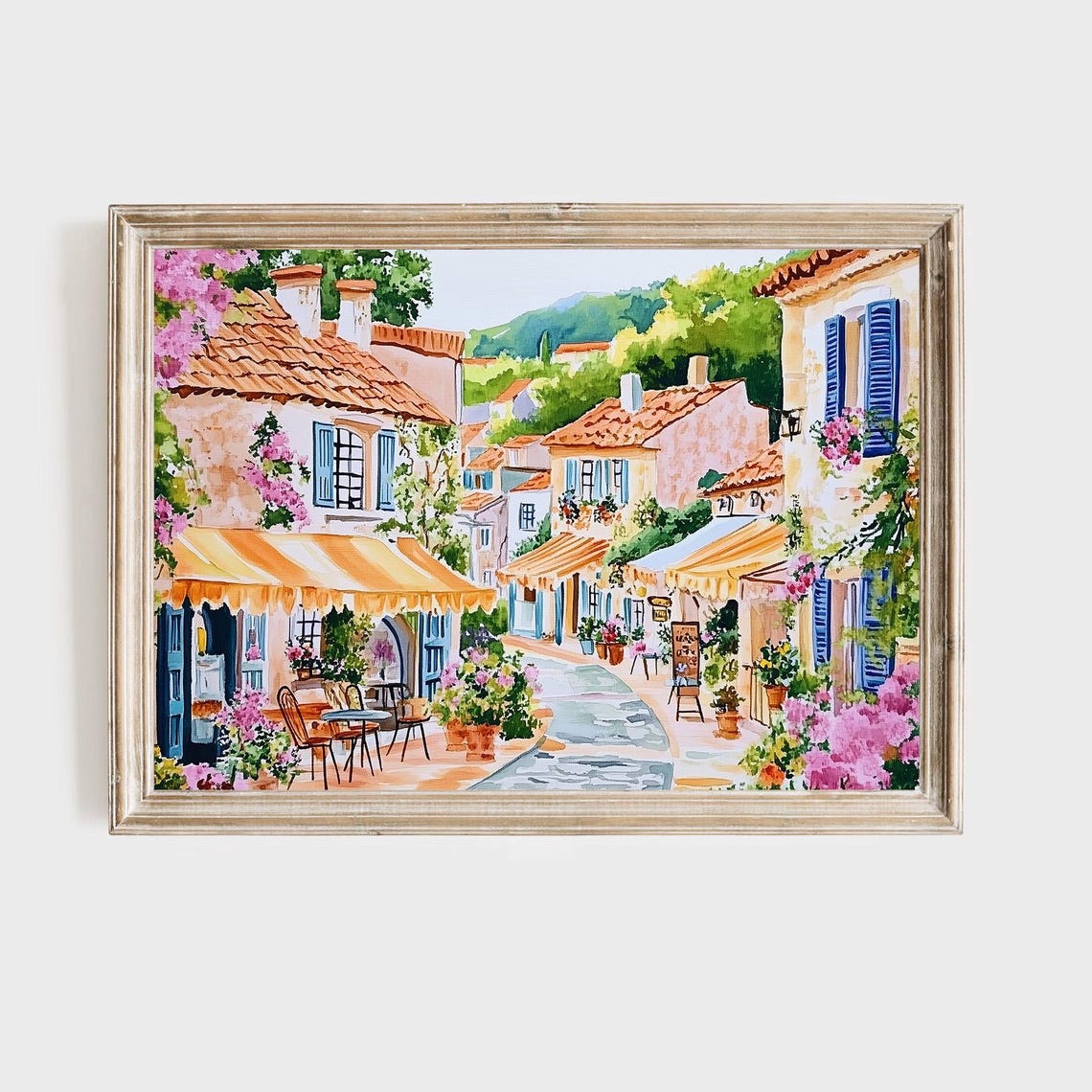 French Village Art Print Provence Street Scene Painting Mediterranean Town Watercolor Colorful European Landscape Cafe Wall Decor