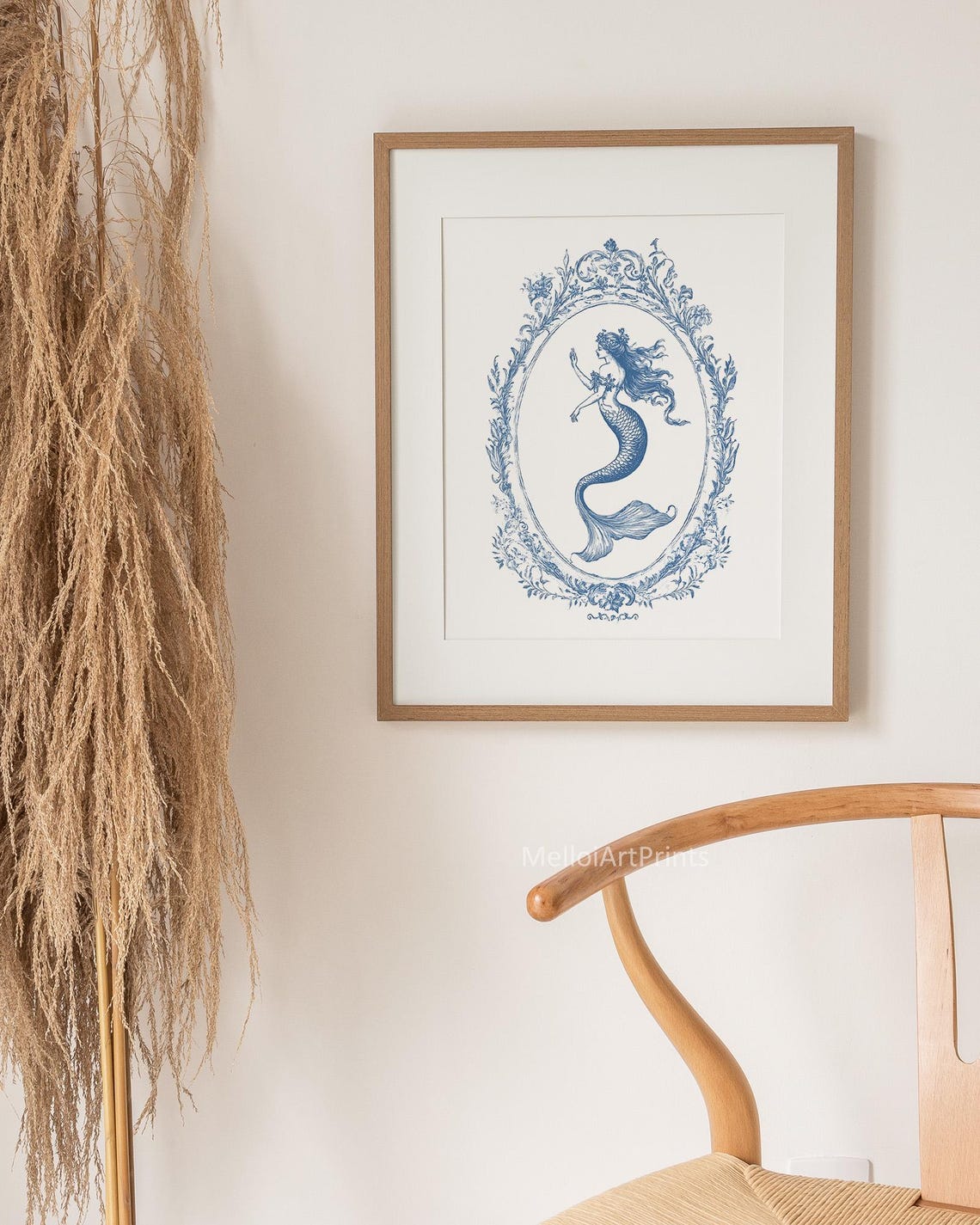 Vintage Mermaid Toile Blue White Ocean Nautical Elegant Poster - Image 3