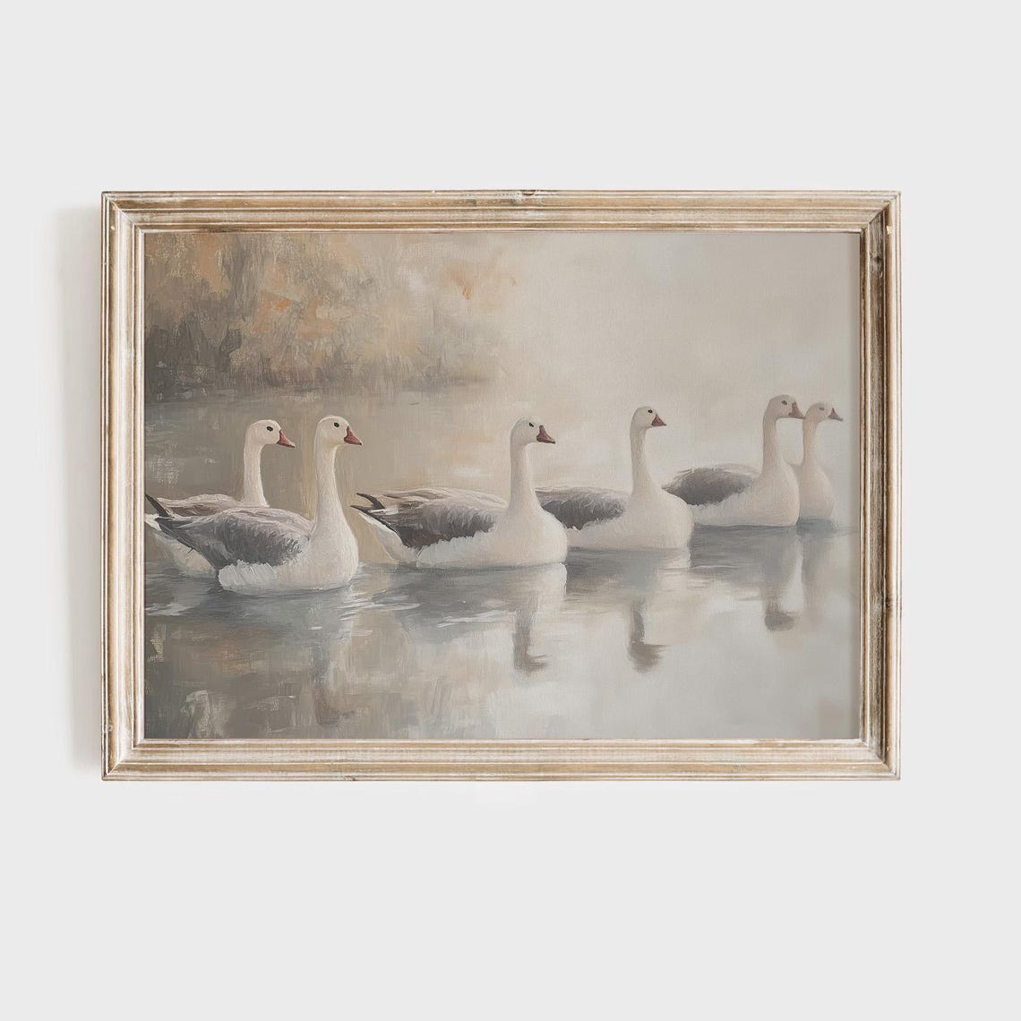 White Geese on Misty Lake Serene Water Birds Painting Art Poster