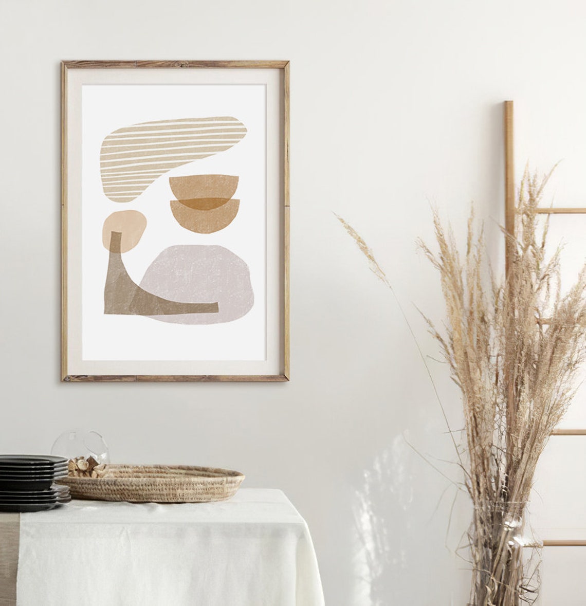 Beige Abstract Shapes with Striped Form Warm Organic Modern Art Poster - Image 2