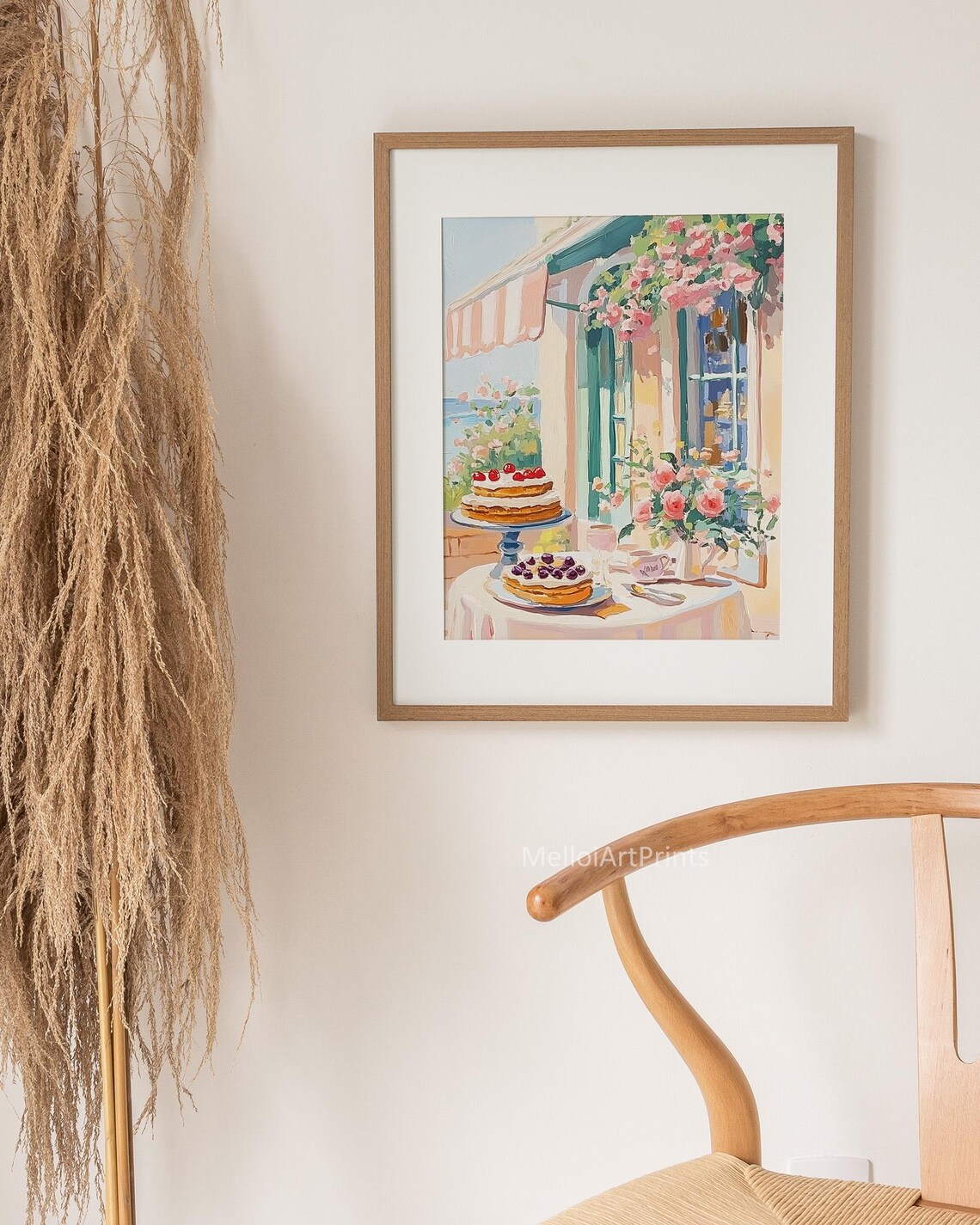 French Cafe Terrace Painting with Cakes Roses and Striped Awning Print - Image 3