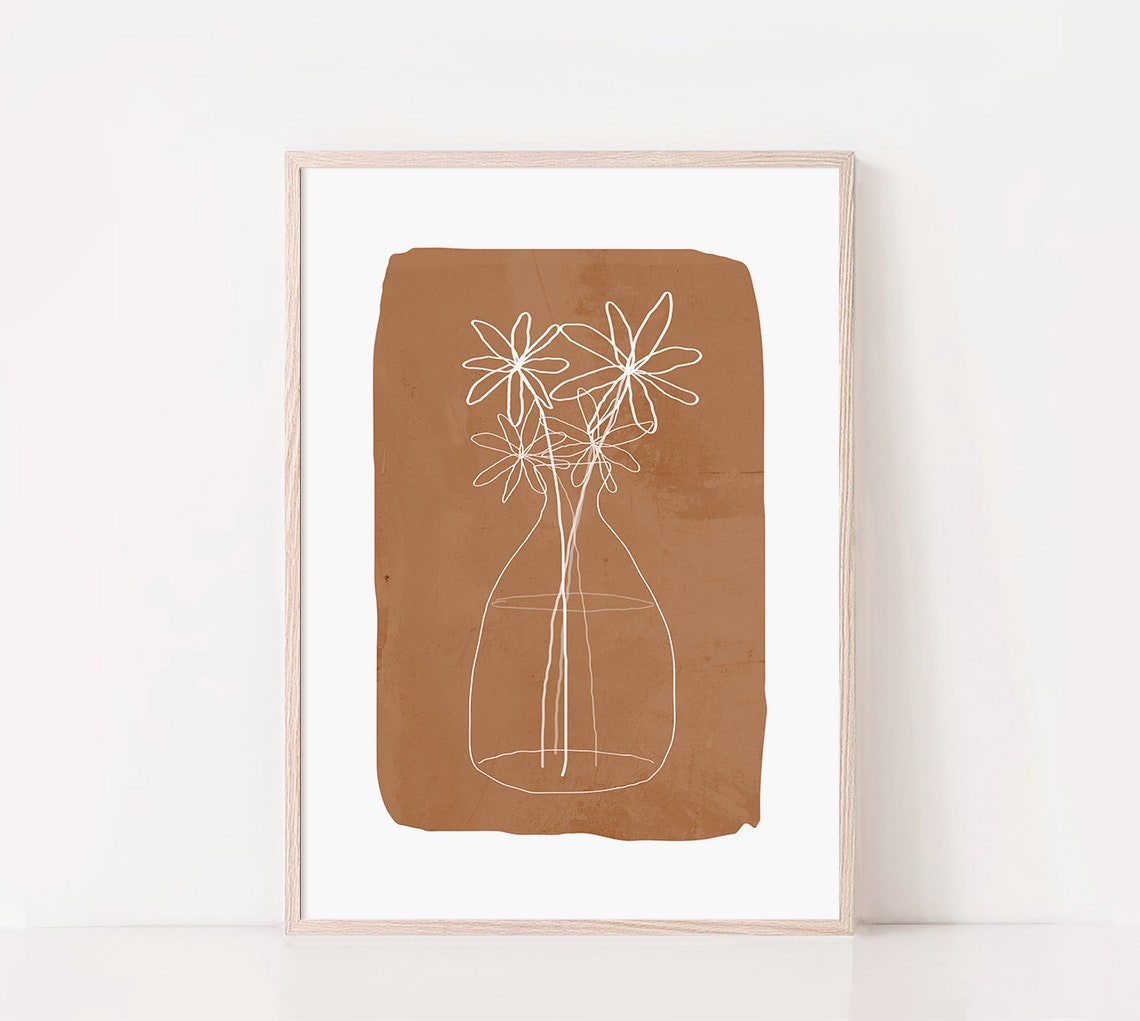 White Line Flowers Vase on Terracotta Minimalist Botanical Poster