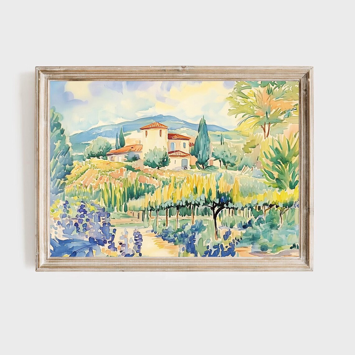 Tuscan Villa With Vineyard Rows and Cypress Trees Italian Watercolor Poster