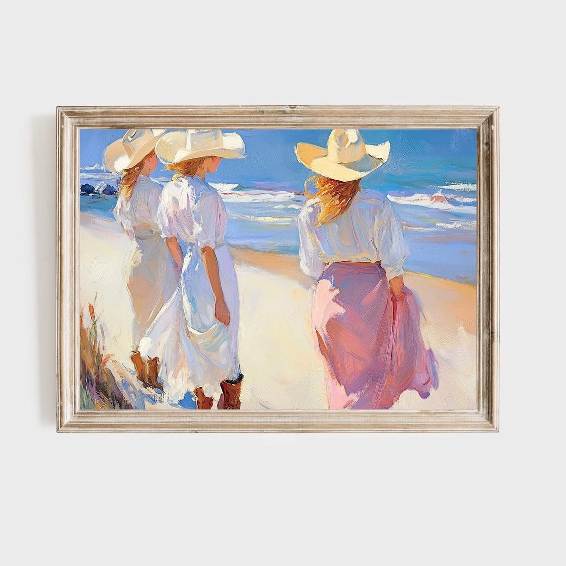 Beach Cowgirl Art Print Coastal Western Wall Decor Ocean Ladies Painting Modern Ranch House Art Pink White Fashion Print