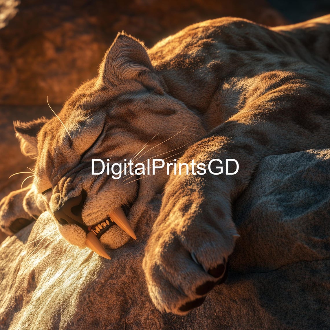Peaceful Sleeping Saber Toothed Cat Resting on Warm Rocks Poster