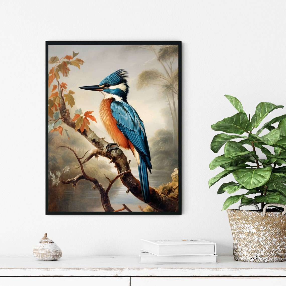Blue Kingfisher on a Branch Vintage Bird Illustration Art Poster - Image 3