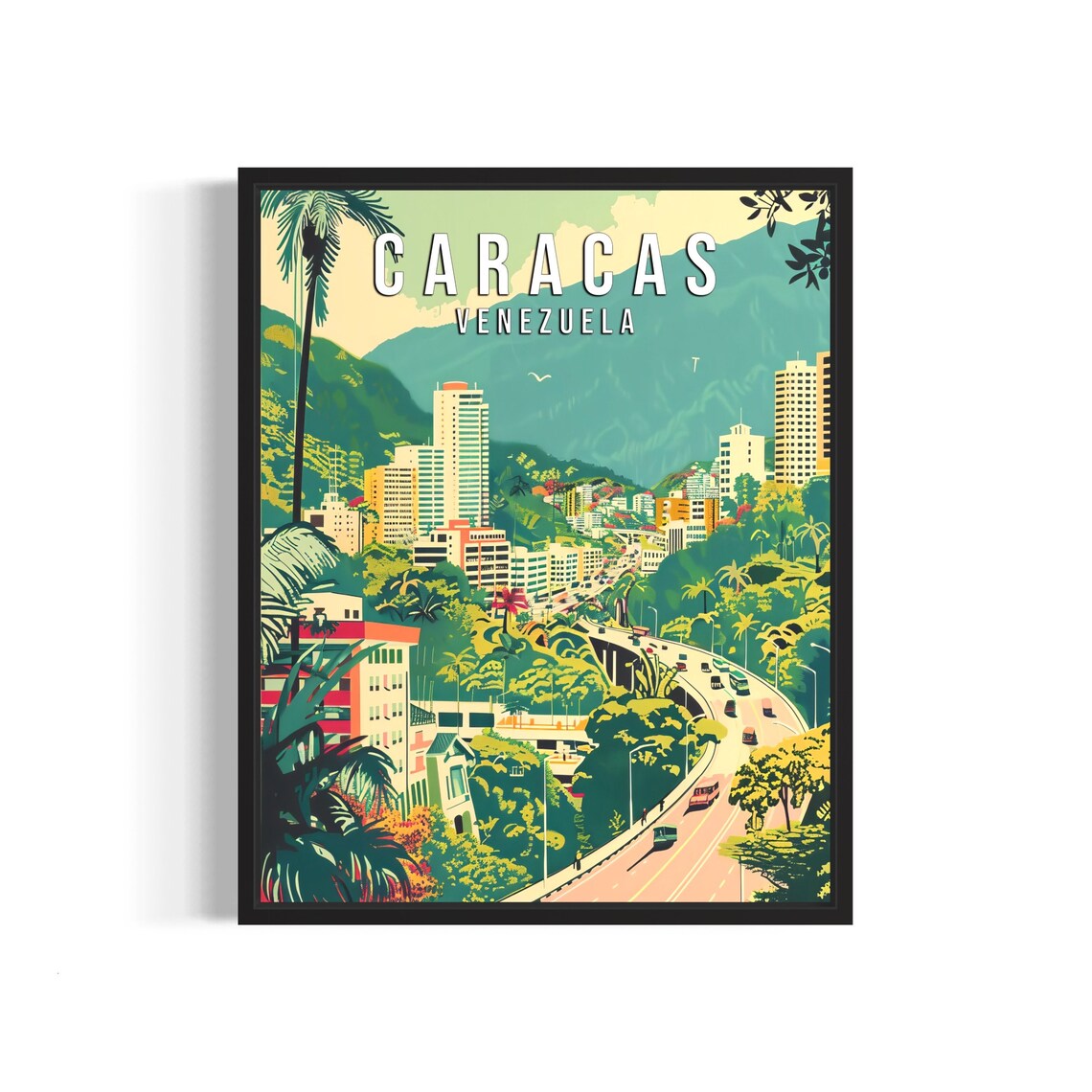 Caracas Venezuela Retro Travel Poster of the City and Mountains