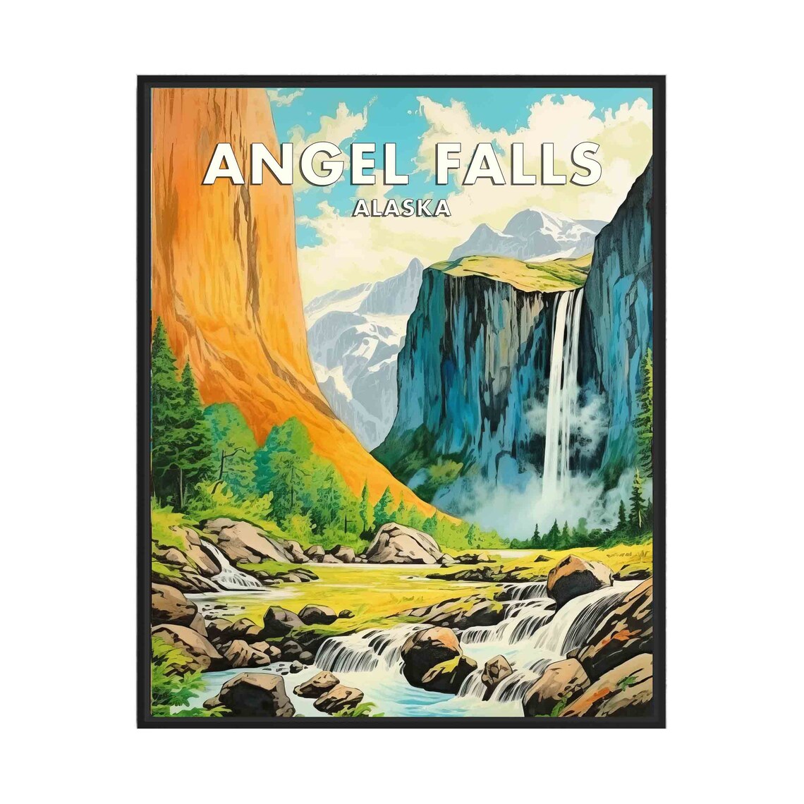 Angel Falls Alaska Misty Canyon Cascade Vintage Travel Poster