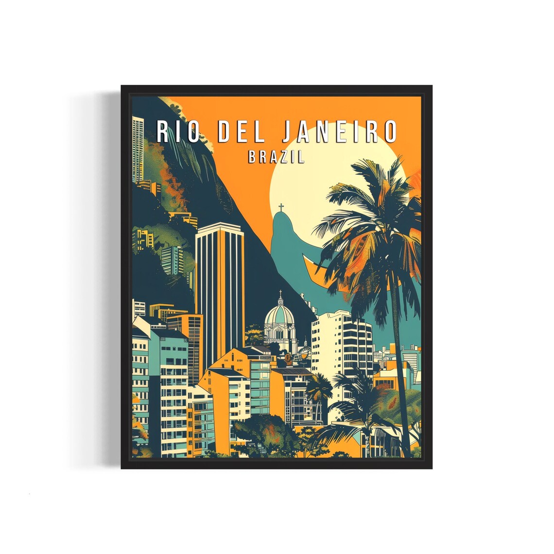 Rio de Janeiro Brazil Retro Cityscape Sunset Travel Poster Artwork