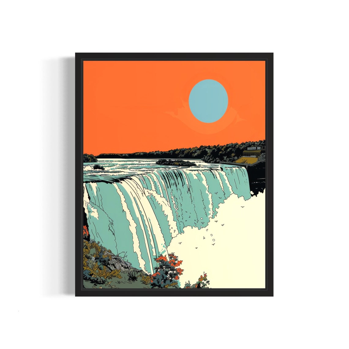 Niagara Falls Sunset Poster in Bold Orange and Teal Graphic Style