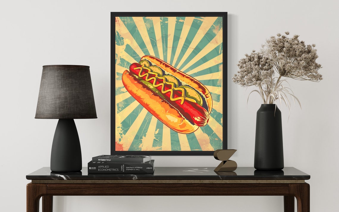 Retro Hot Dog Pop Art Poster with Mustard on Vintage Sunburst - Image 3