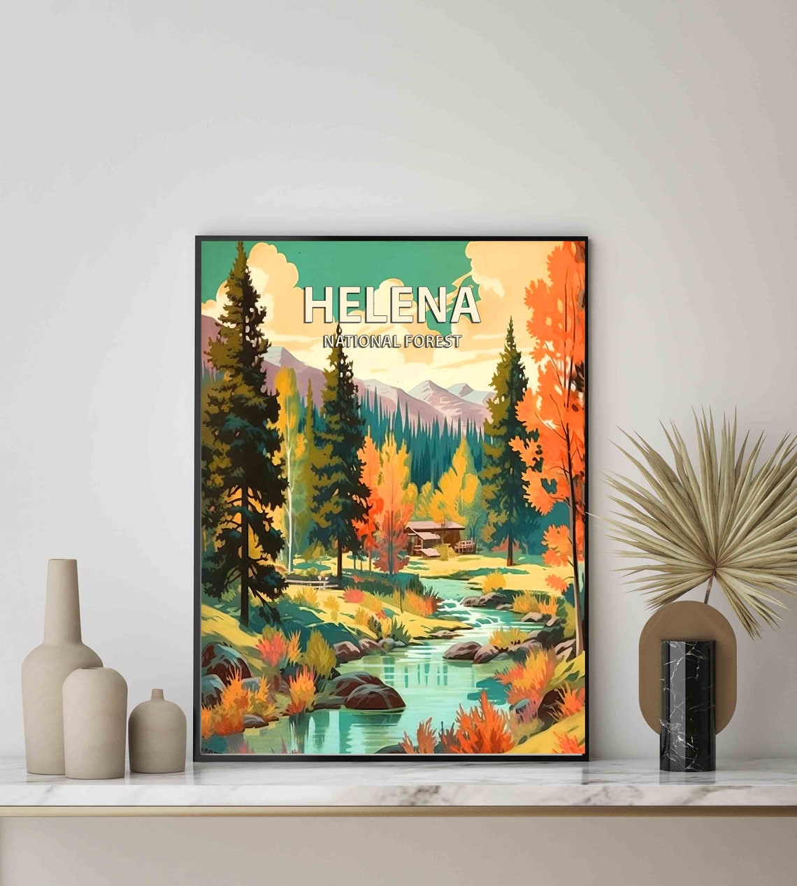 Helena National Forest Montana Retro Autumn Creek Cabin Poster - Image 3