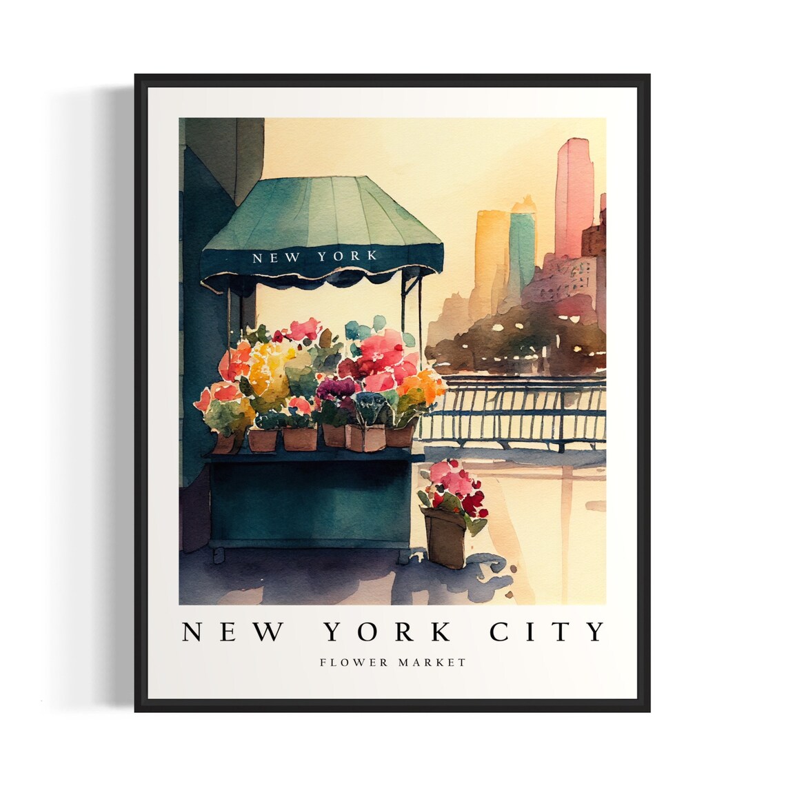 New York City Flower Market Watercolor Street Cart Skyline Poster