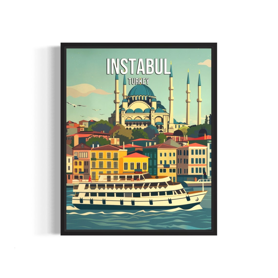 Istanbul Turkey Grand Domed Mosque Ferry Retro Waterfront Poster
