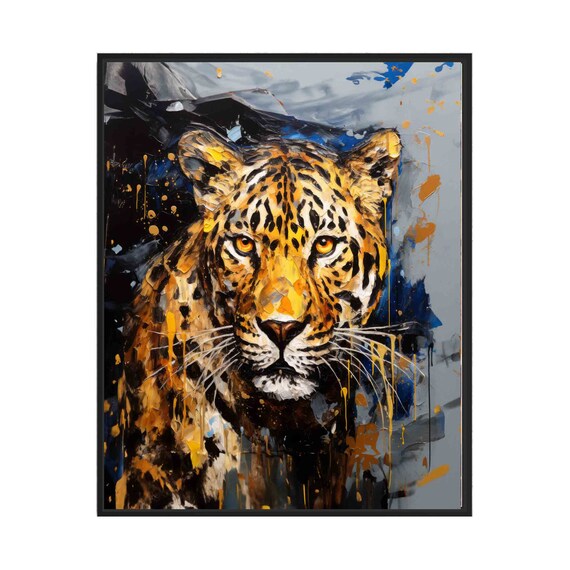 Striking Leopard Face Golden Abstract Wild Cat Painting Wall Art
