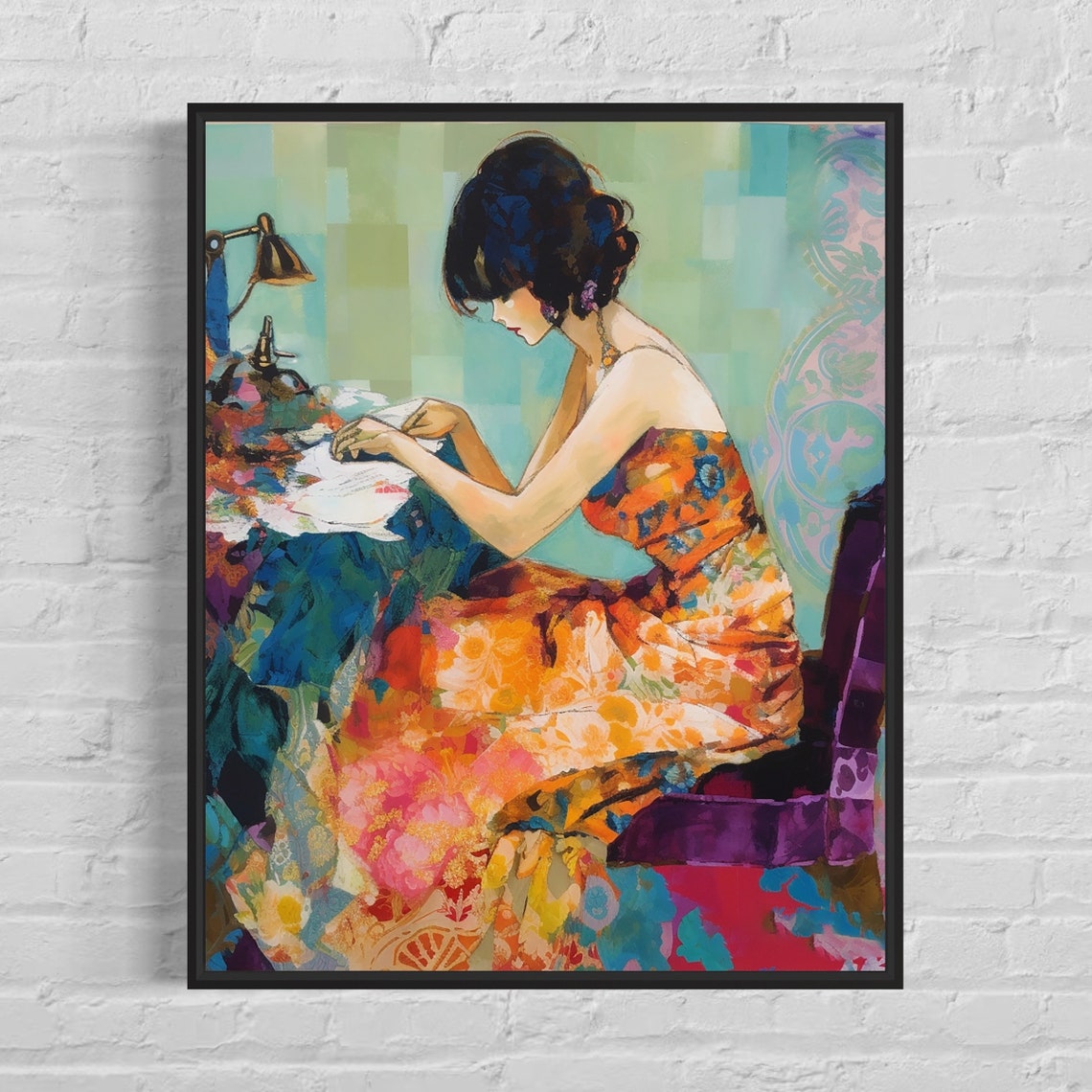 Woman Sewing at Her Table in a Colorful Impressionist Art Poster