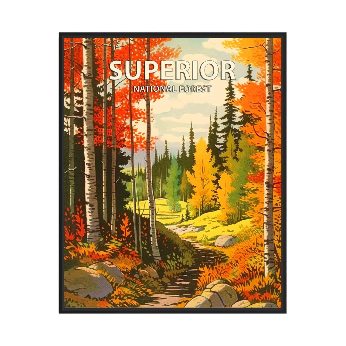 Superior National Forest Autumn Birch Trees Retro Travel Poster