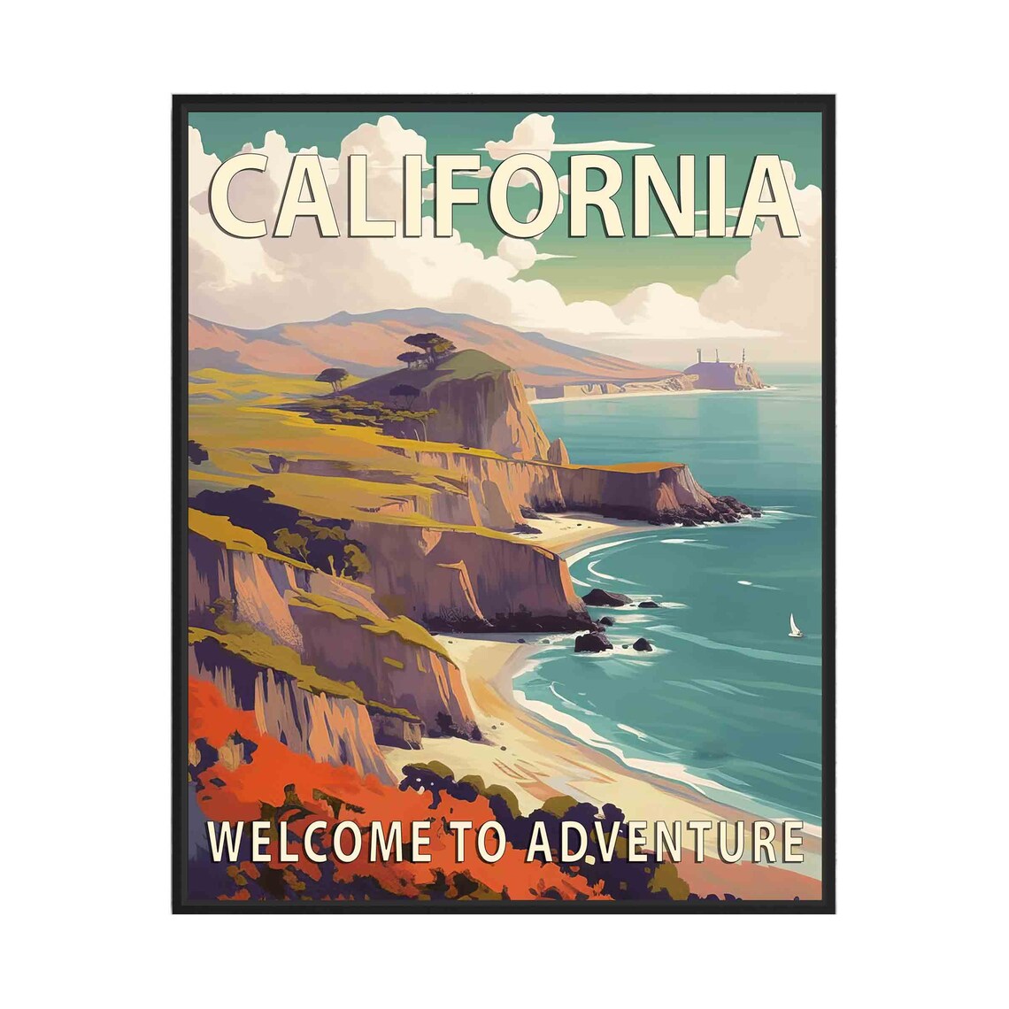 California Pacific Coastline Cliffs Ocean Sunset Travel Poster