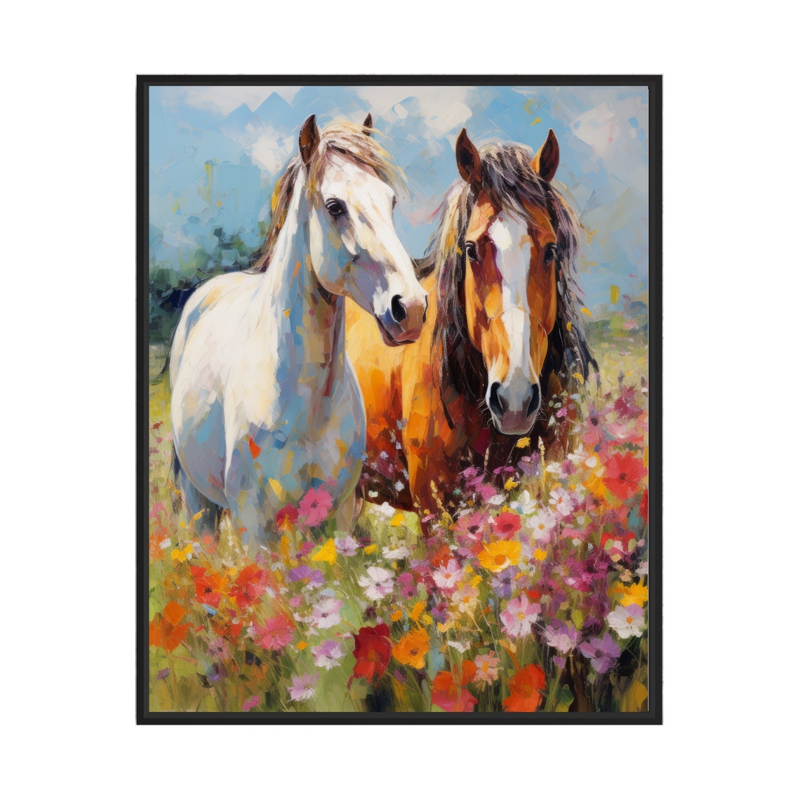 Two Horses in a Wildflower Meadow Vibrant Impressionist Art Poster