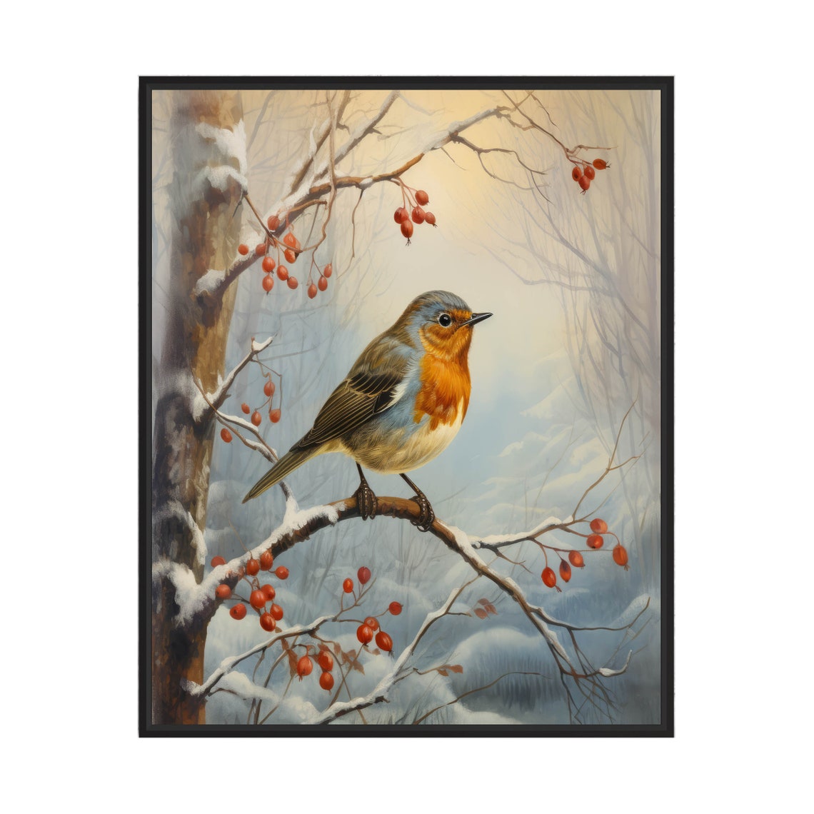 European Robin in a Snowy Winter Scene With Red Berries Bird Poster