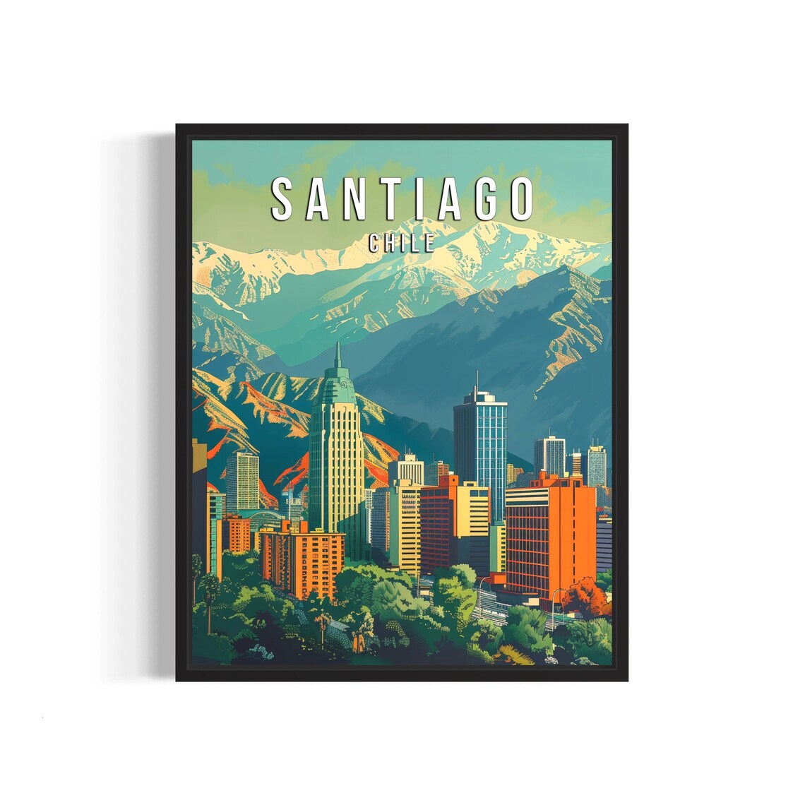 Santiago Chile Andes Mountains City Skyline Retro Vintage Travel Poster