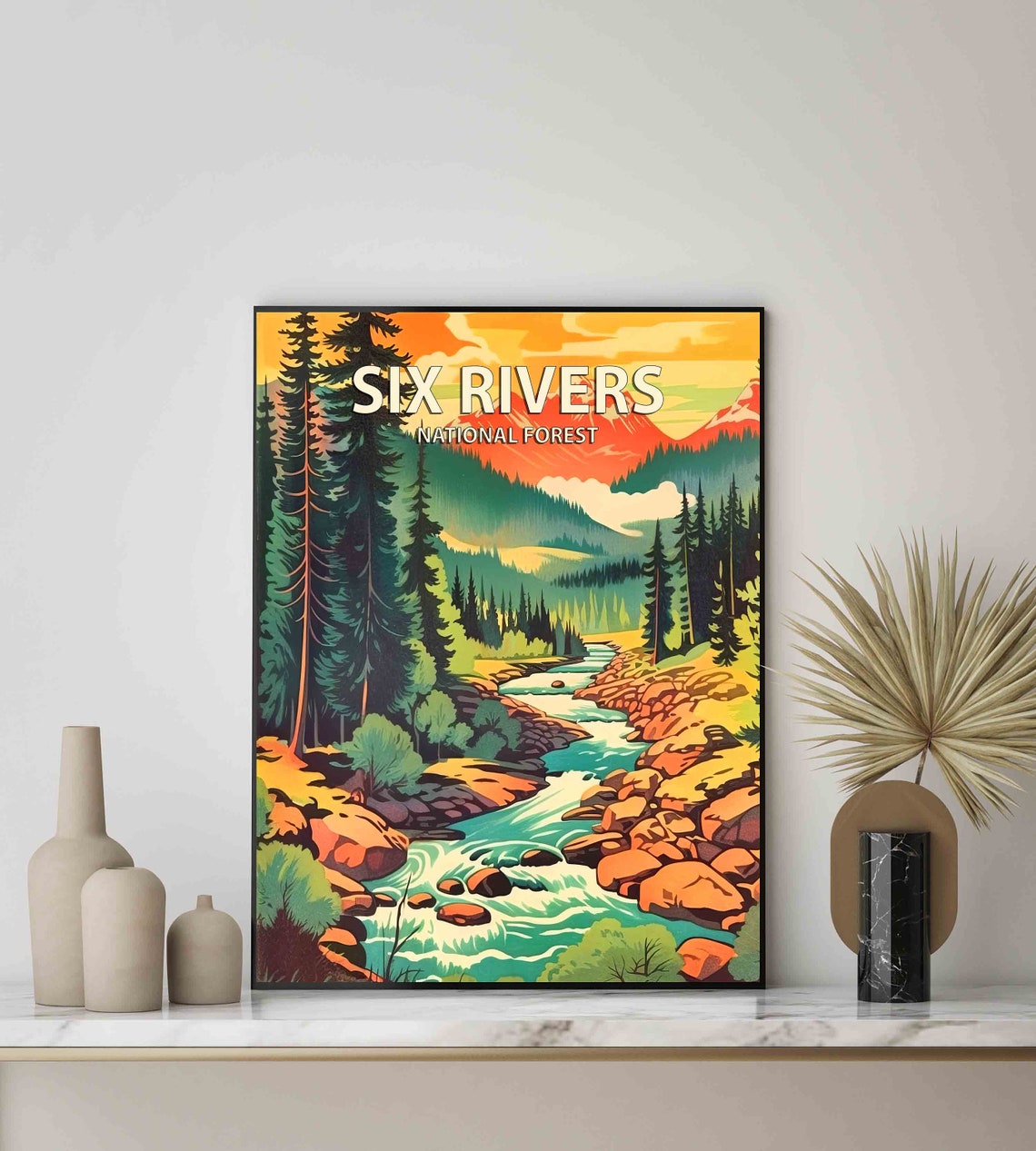 Six Rivers National Forest Mountain River Pine Retro Travel Poster - Image 3