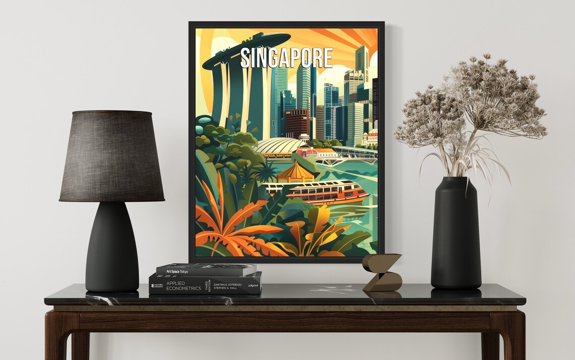 Singapore City Skyline Marina Bay Sunset Retro Travel Poster - Image 2