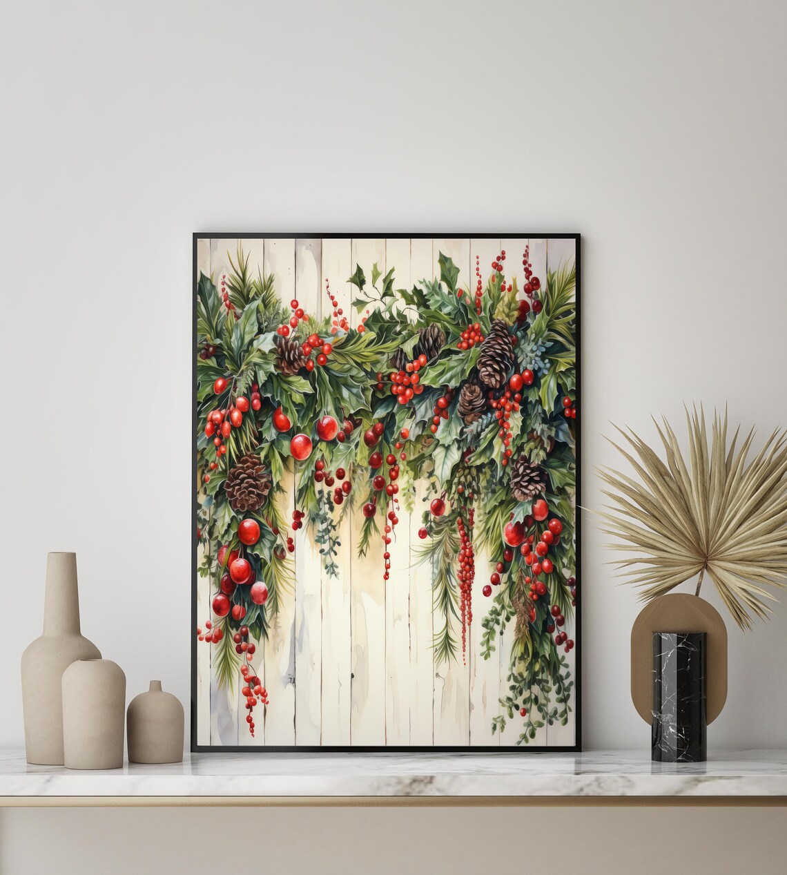 Christmas Garland Watercolor Berries Pinecones Festive Holiday Wall Art - Image 3