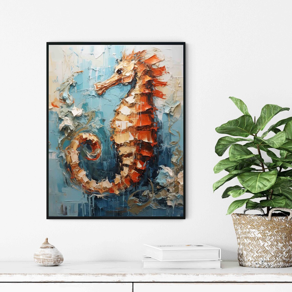 Stunning Orange Seahorse Abstract Marine Oil Painting Wall Art - Image 3