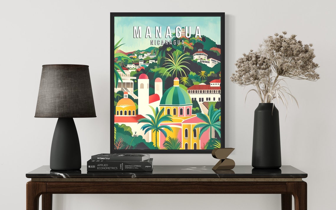 Managua Nicaragua Colonial Domes and Palms Vintage Travel Poster - Image 2