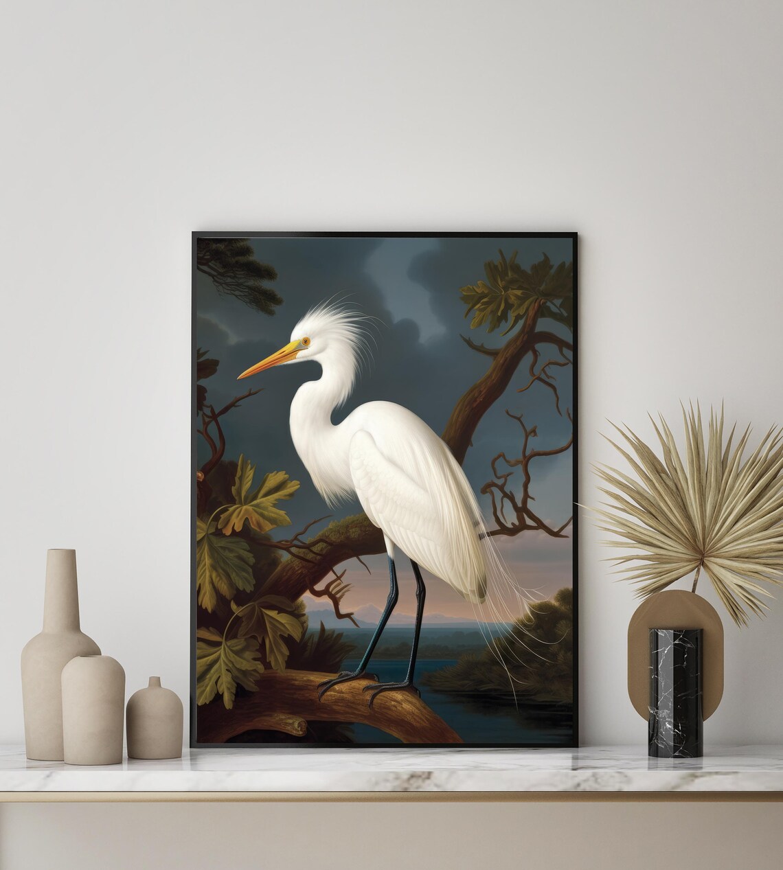 Great Egret White Heron Branch Poster Vintage Bird Painting Nature Art - Image 2