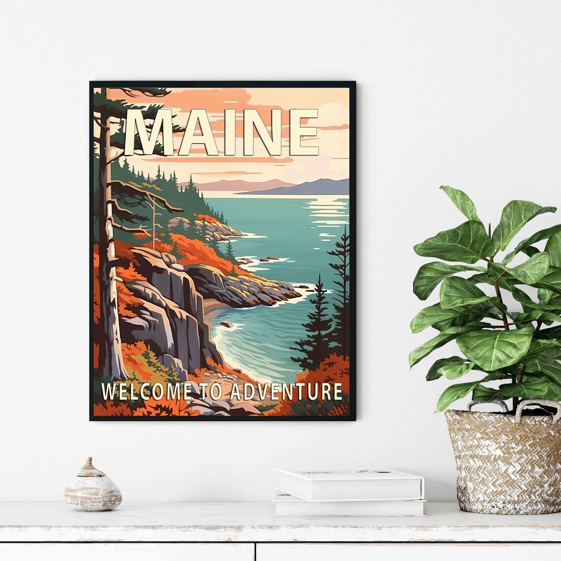 Maine Welcome To Adventure Vintage Travel Poster Rugged Coast Cliffs - Image 2