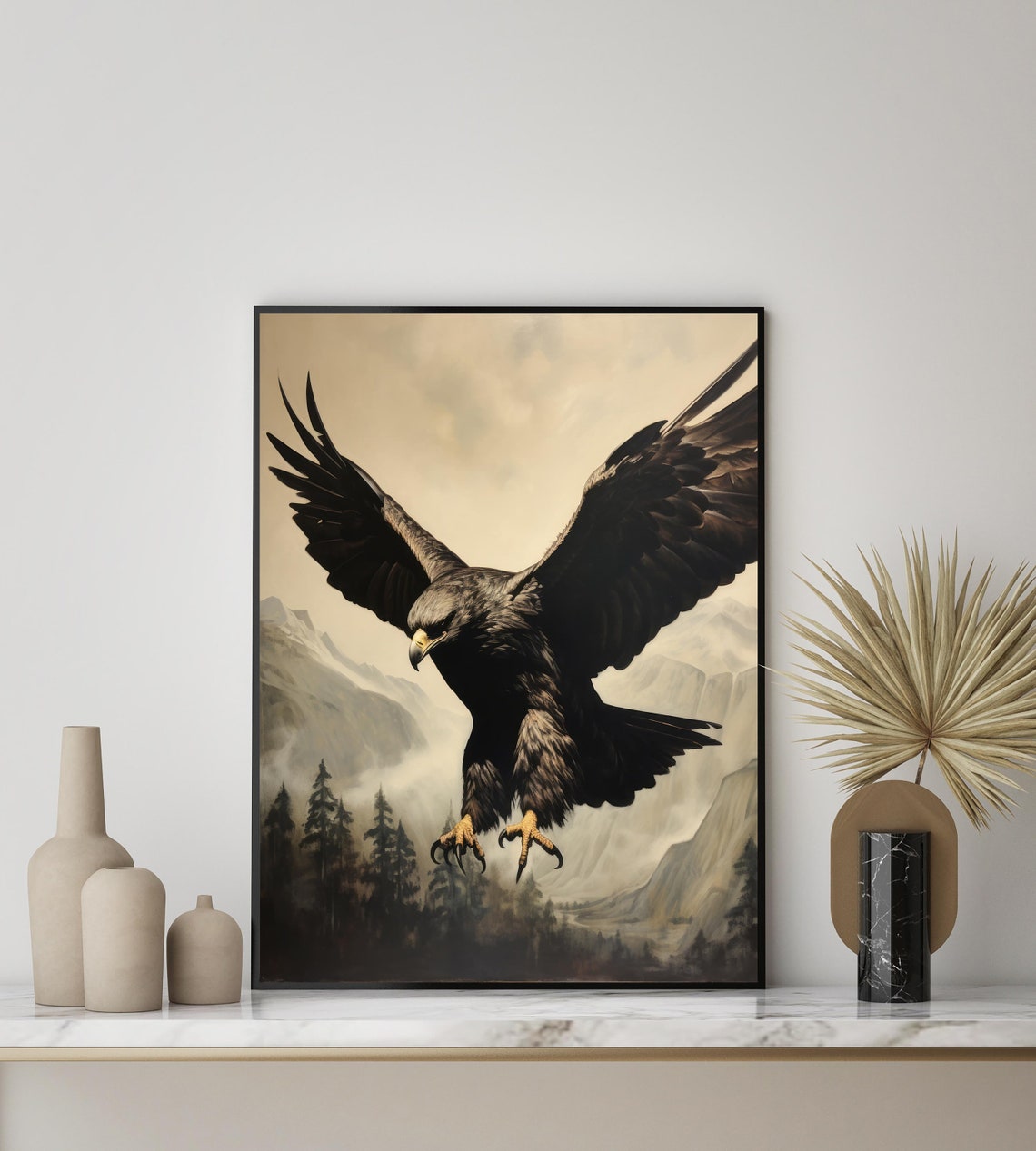 Black Eagle Soaring with Talons Over Misty Mountains Bird Poster - Image 3