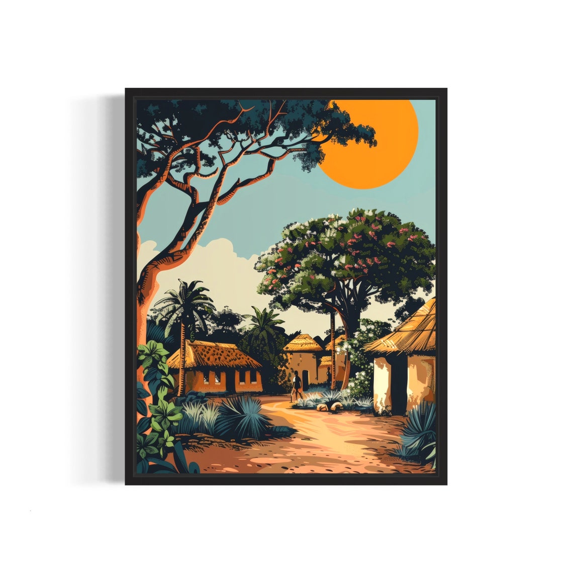 African Village With Thatched Huts And Tall Shady Trees Poster