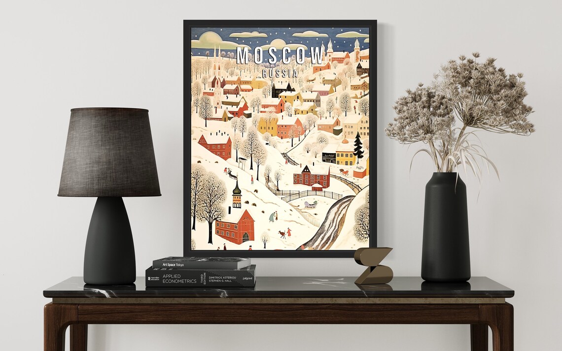 Moscow Russia Snowy Winter Village in Folk Art Style Travel Poster - Image 3