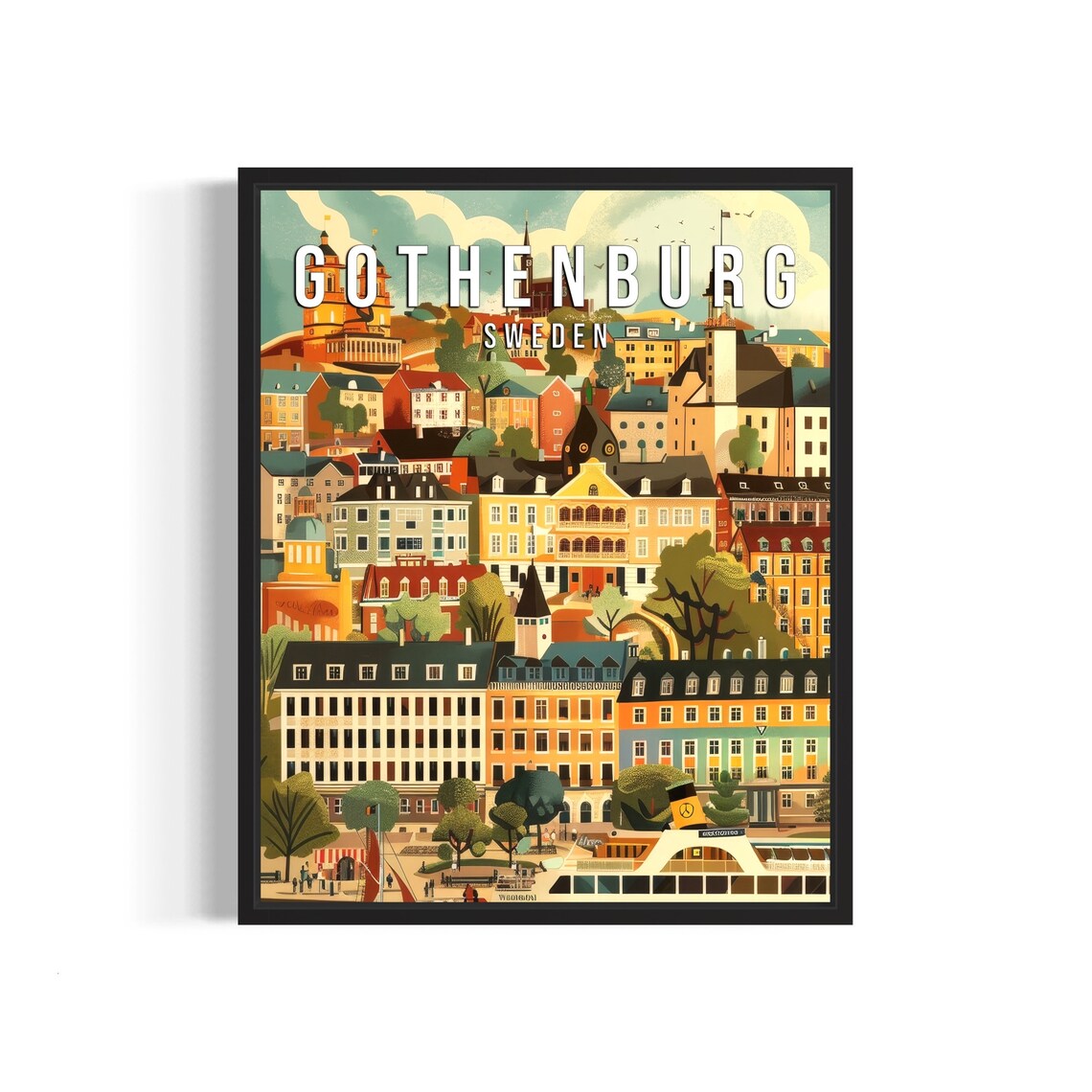 Gothenburg Sweden Illustrated Harbour Cityscape with White Boat Poster