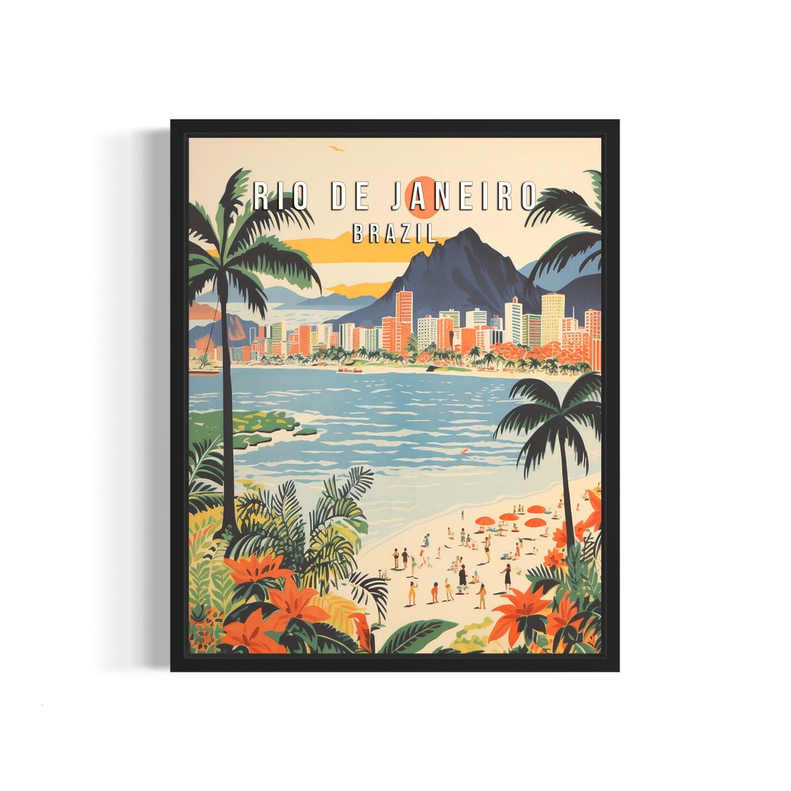 Tropical Rio de Janeiro Brazil Beach Cityscape Vintage Poster