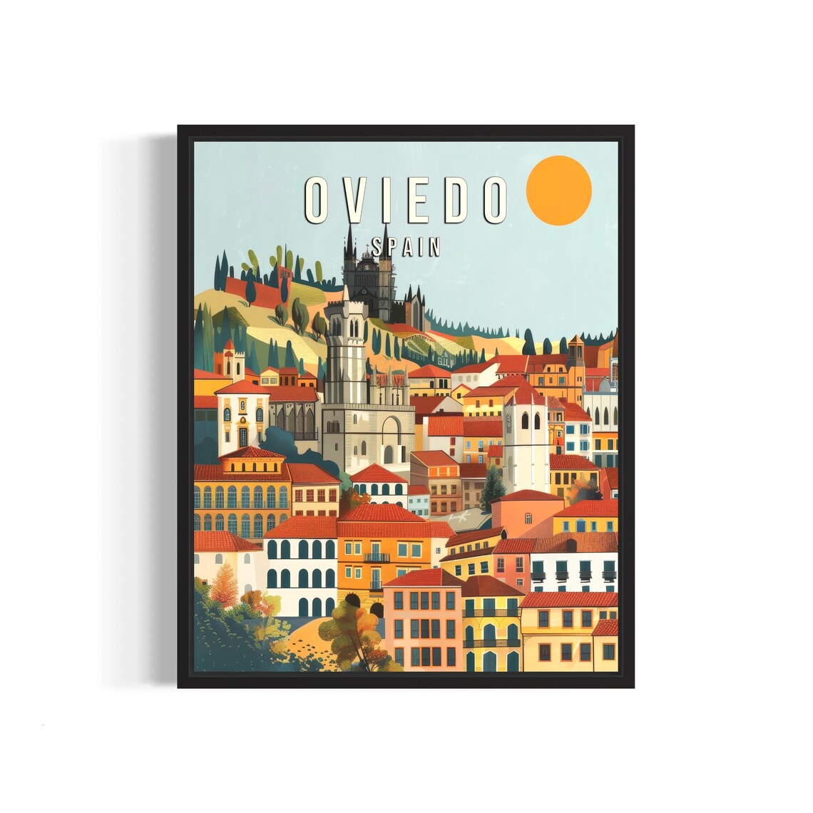 Oviedo Spain Old Town Cathedral Skyline Vintage Travel Poster
