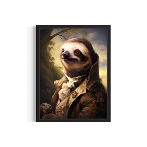Sloth Gentleman in Ruffle Cravat Vintage Animal Portrait Print