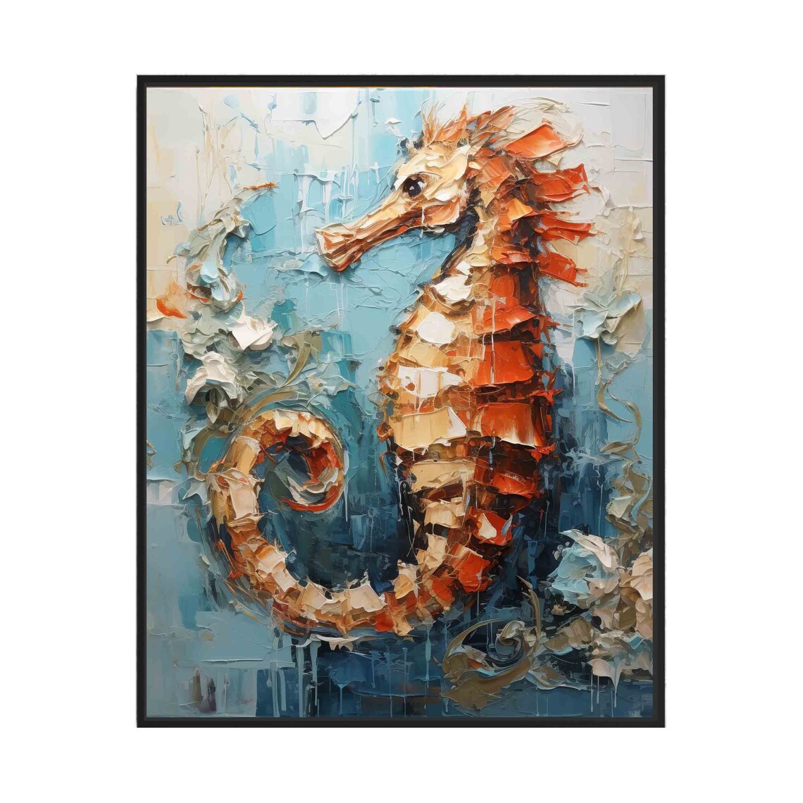 Stunning Orange Seahorse Abstract Marine Oil Painting Wall Art