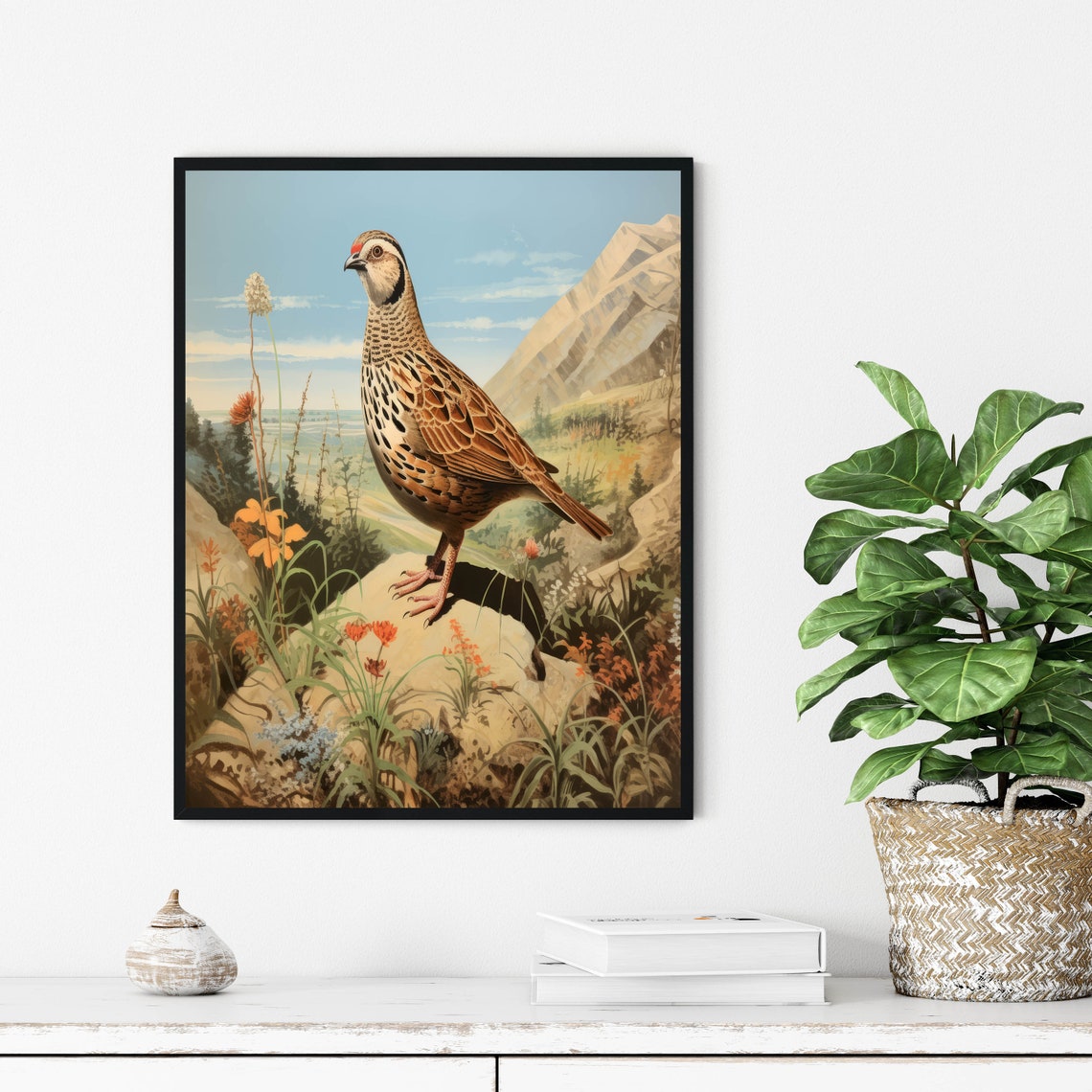 Common Quail Standing on a Rocky Ledge in a Wildflower Mountain Poster - Image 3