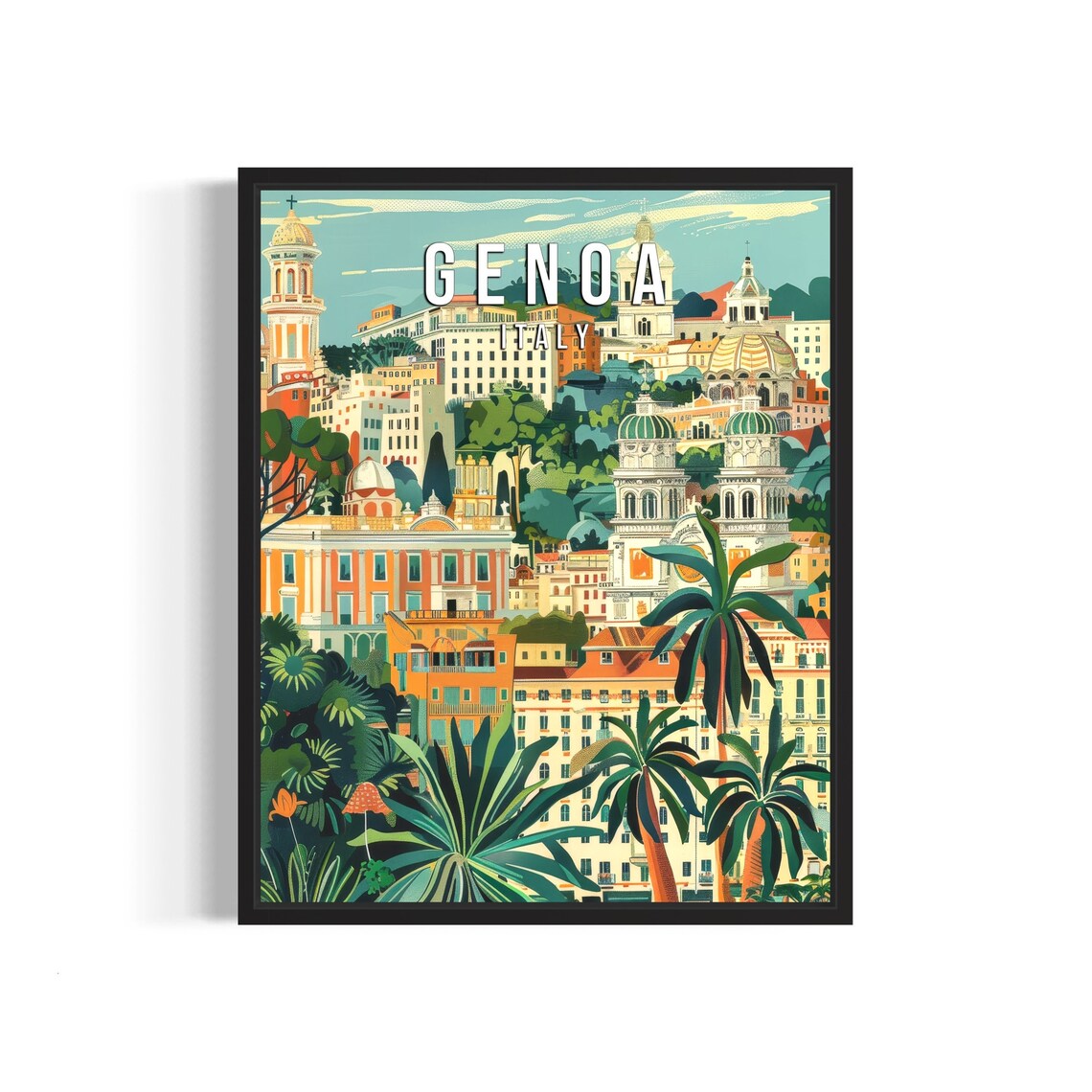 Genoa Italy Hillside Palazzi Domes Ligurian Coast Retro Travel Poster