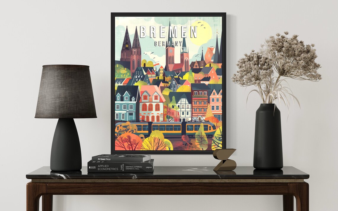 Bremen Germany Old Town Colorful Houses Tram Illustrated Poster - Image 2