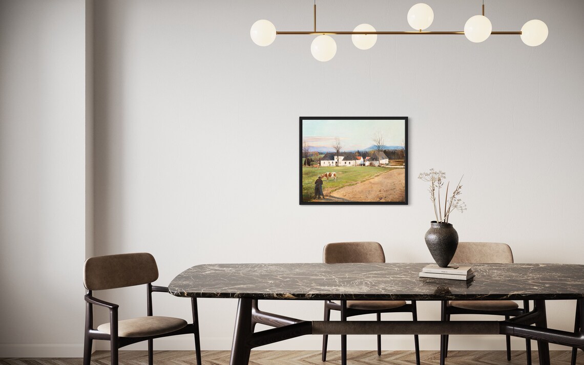 Farmstead With Cows Grazing In Pasture At Dusk Vintage Art Poster - Image 3
